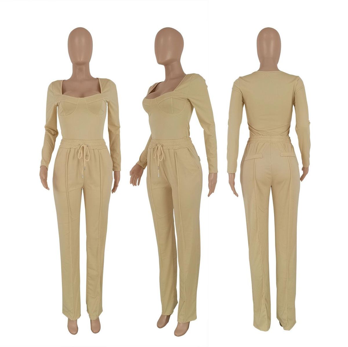 Women's Two-piece Suit New Temperament Casual Solid Color Low-cut Suit Beige