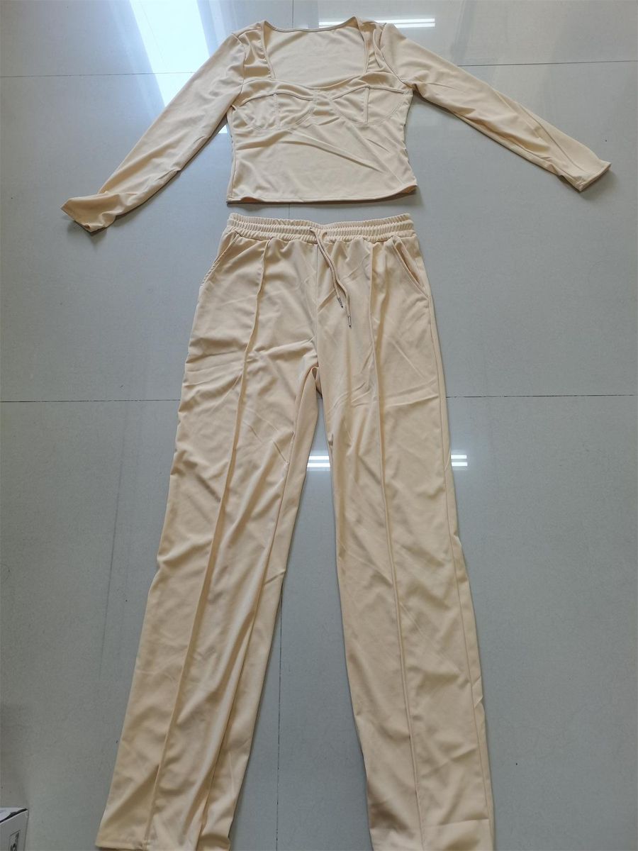 Women's Two-piece Suit New Temperament Casual Solid Color Low-cut Suit Beige