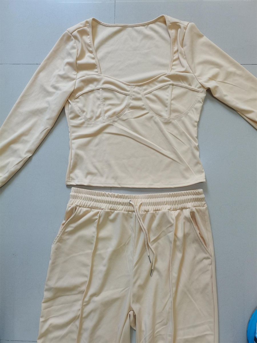 Women's Two-piece Suit New Temperament Casual Solid Color Low-cut Suit Beige