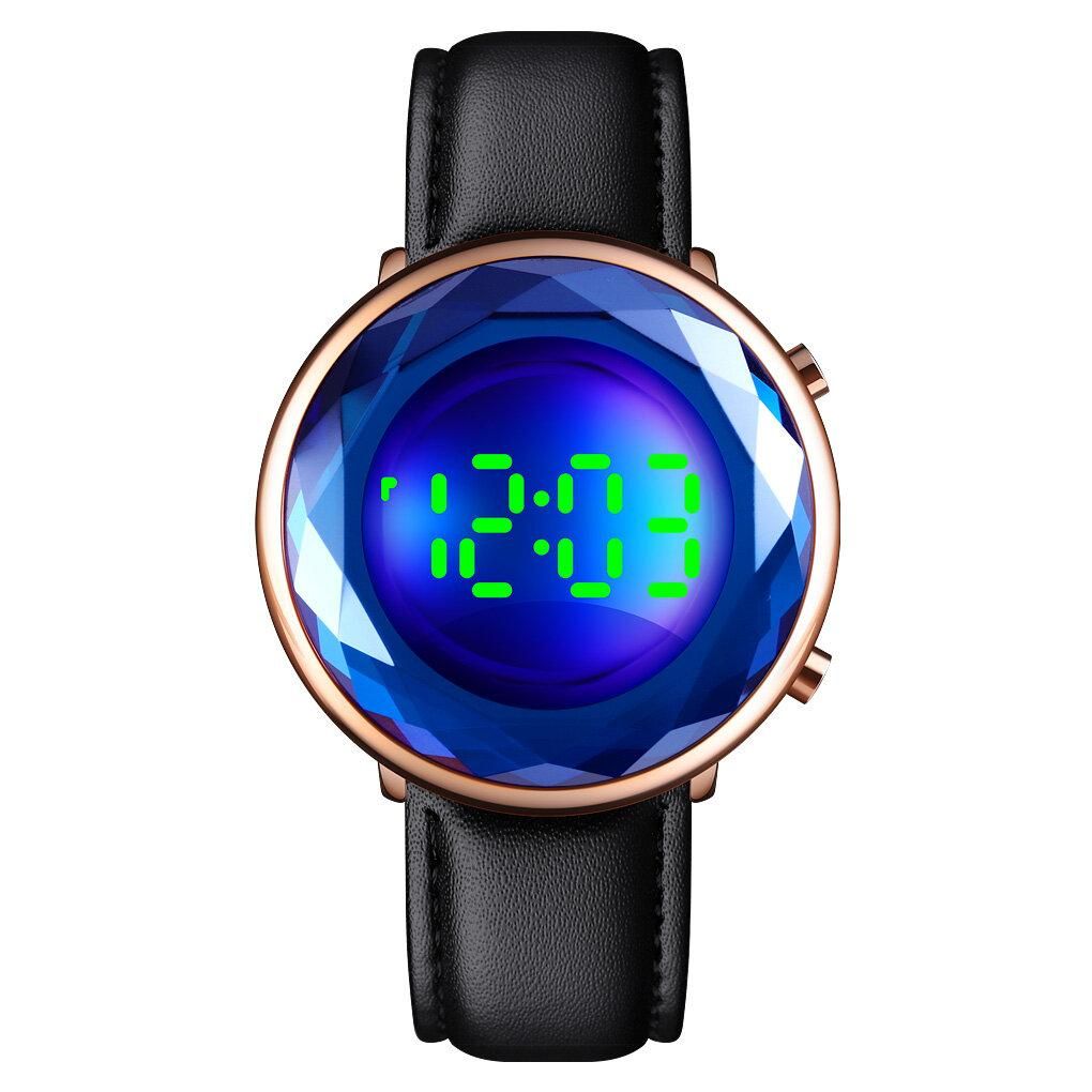 SKMEI 1460 Creative Three-dimensional Cut Glass Dial Luminous Date Display Genuine Leather Strap Digital Watch