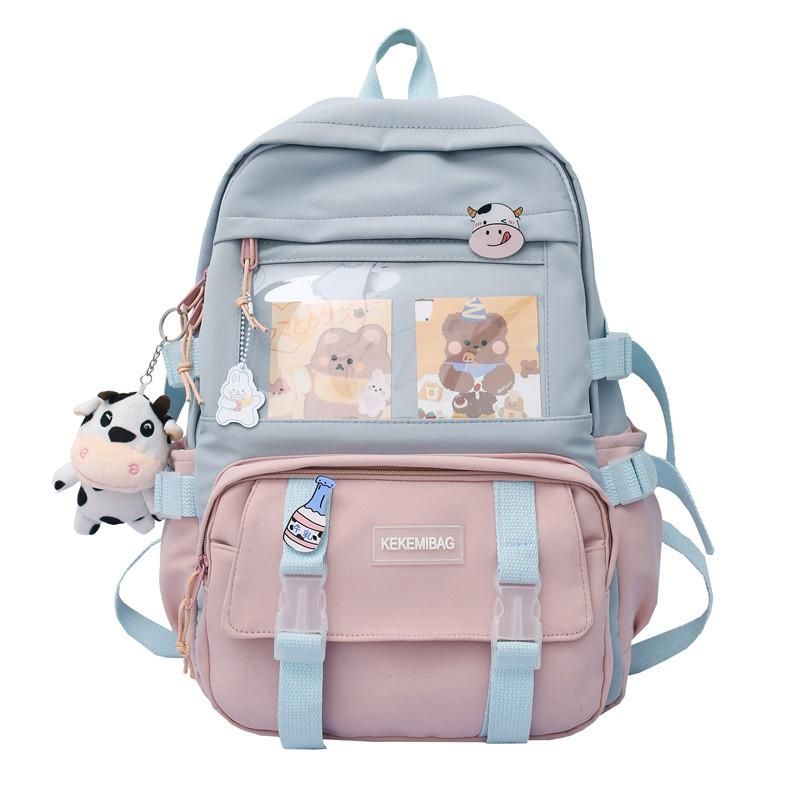 Ins schoolbag female cute girl Korean version of Harajuku ulzzang junior high school students fourth, fifth and sixth grade backpack Pink pendant with badge