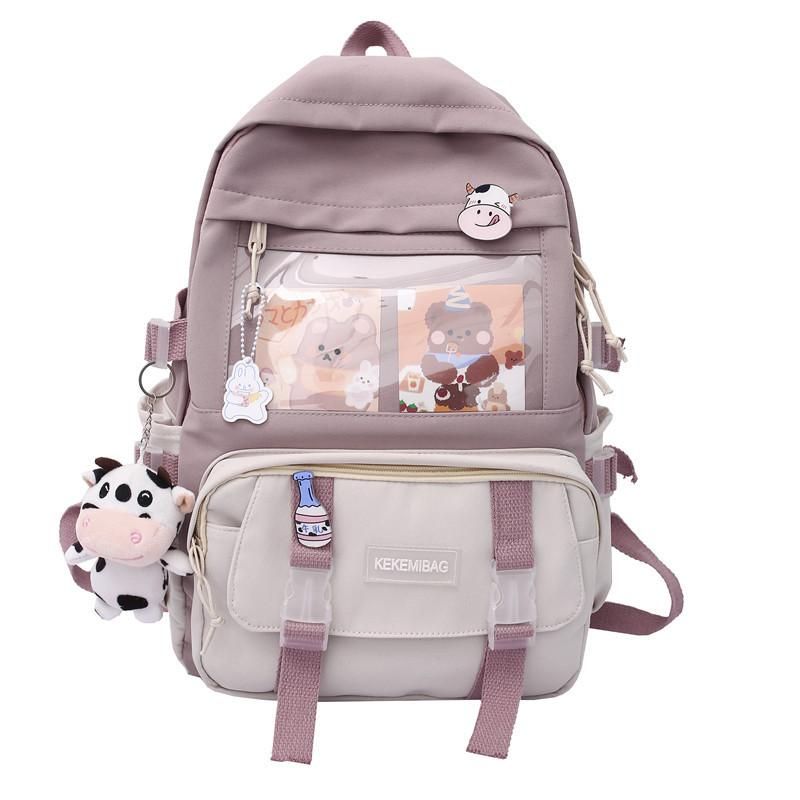 Ins schoolbag female cute girl Korean version of Harajuku ulzzang junior high school students fourth, fifth and sixth grade backpack Pink pendant with badge