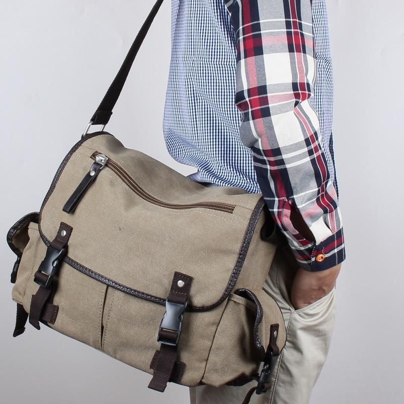 New canvas men's postman diagonal backpack men's portable middle school student schoolbag casual one-shoulder men's bag on behalf of one piece Khaki (no logo)