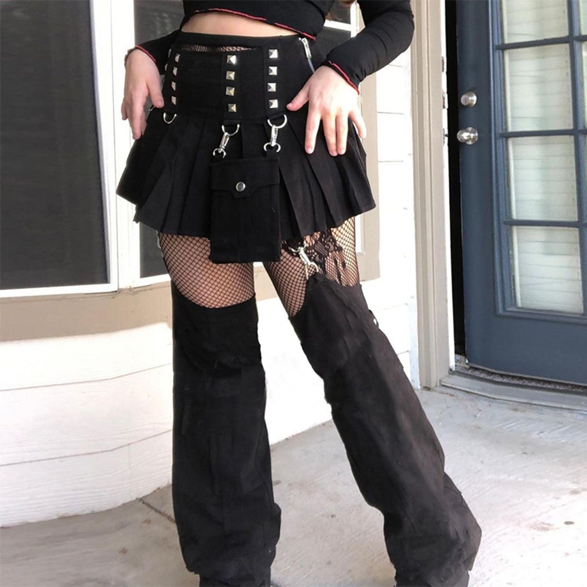 Punk Gothic Pleated Skirt Women Black Short Skirt S