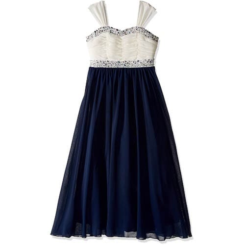 Shirr Bodice With Trim Maxi Dress - Navy Blue & Ivory