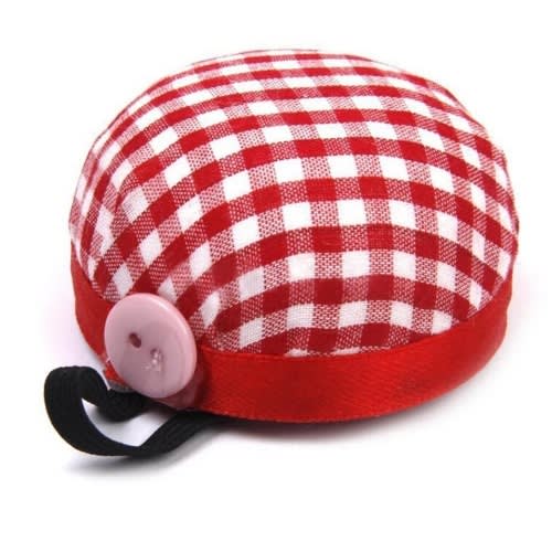 Red Plaid Grids Needle Sewing Pin Cushion Wrist Strap Tool Button