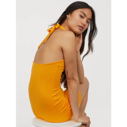 Women Yellow Solid Halterneck Short Dress