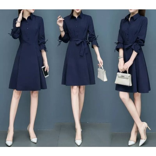 Ladies Tie Sleeve Shirt Dress - Blue