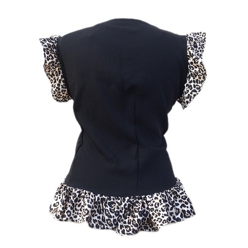 Shopadaa - Ruffle Sleeve And Bow Tie - Black Top With Leoaprd Print