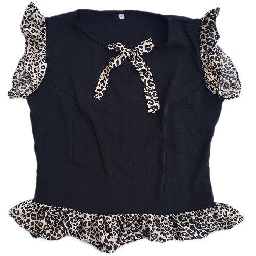 Shopadaa - Ruffle Sleeve And Bow Tie - Black Top With Leoaprd Print
