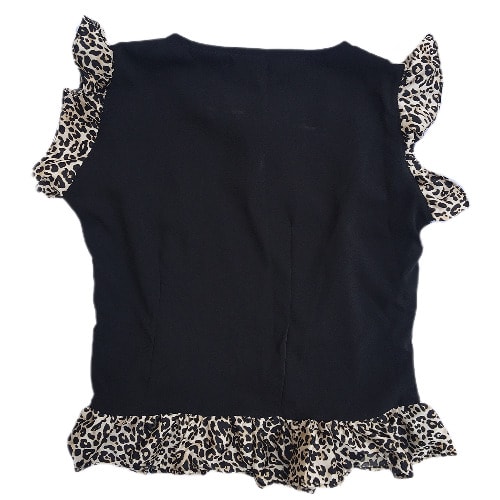 Shopadaa - Ruffle Sleeve And Bow Tie - Black Top With Leoaprd Print