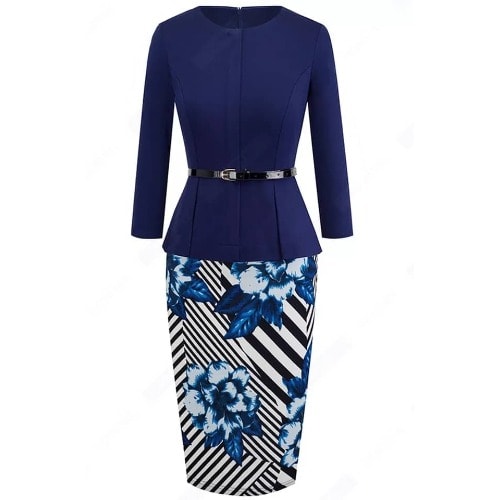 Peplum Belted Pencil Dress- Floral Blue