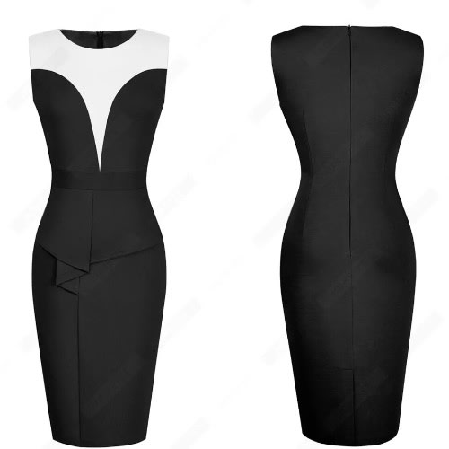 Debabestores White And Black Elegant Peplum  Bodycon Sleeveless Dress