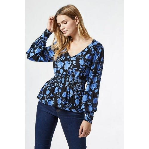 Blue Floral Print Shirred Waist Top
