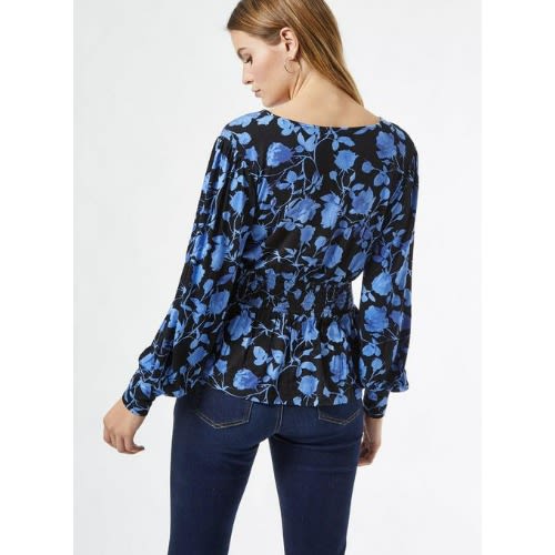 Blue Floral Print Shirred Waist Top