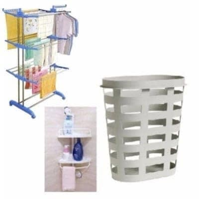 Laundry Basket + 2 Layer Corner Shelf + Cloth Hanger Dryer