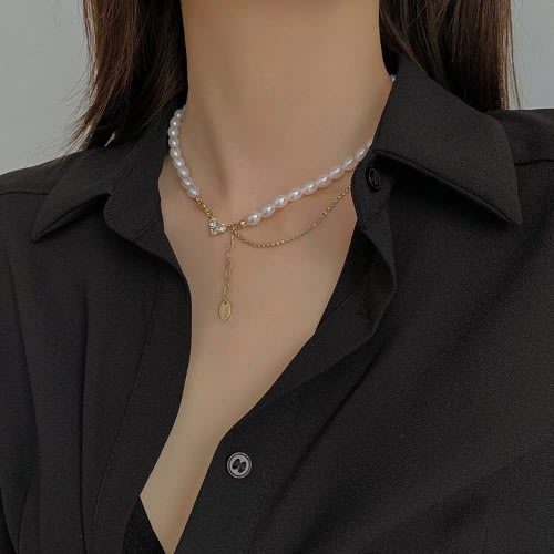 Fashion Pearl Love Pendant Necklace- Gold
