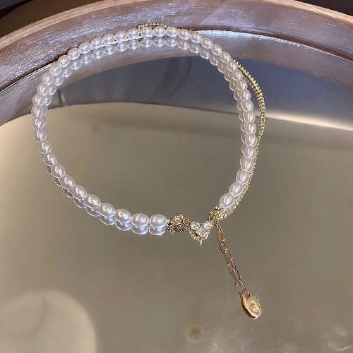 Fashion Pearl Love Pendant Necklace- Gold