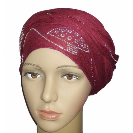 Silky Soft Regal Front Studded Turban with Orbital Print - Burgundy