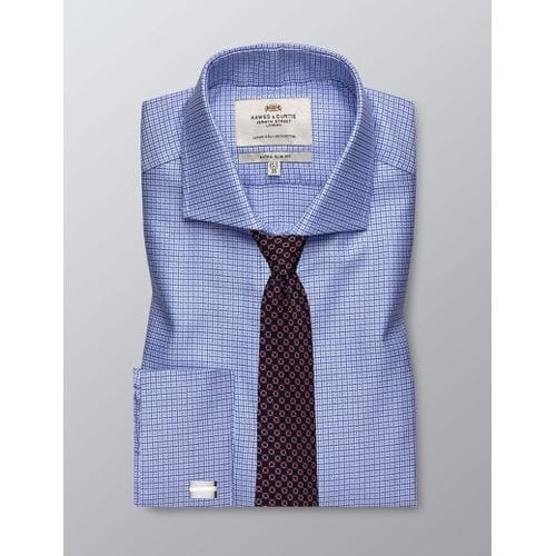 Men's Navy & White Dogtooth Check Slim Fit Shirt Double Cuff