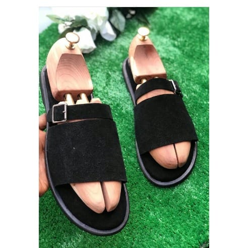 Black Suede Leather Male Slippers
