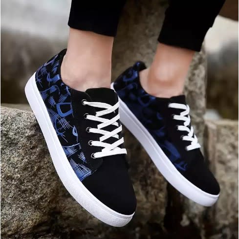 Men's Print Canvas Casual Lace Up Sneakers - Black And  Blue