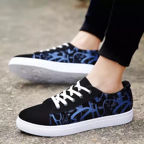 Men's Print Canvas Casual Lace Up Sneakers - Black And  Blue