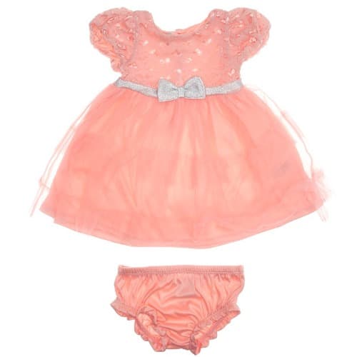 Baby Girls Lace Dress With 3 Tier Tulle Skirt - Coral And Silver