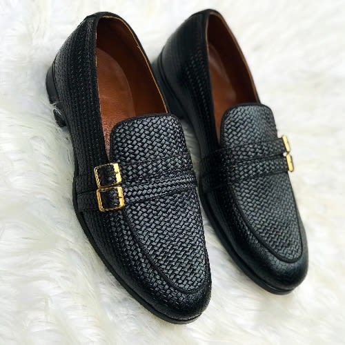 Men’s Double Buckle Basket Leather Loafers  – Black