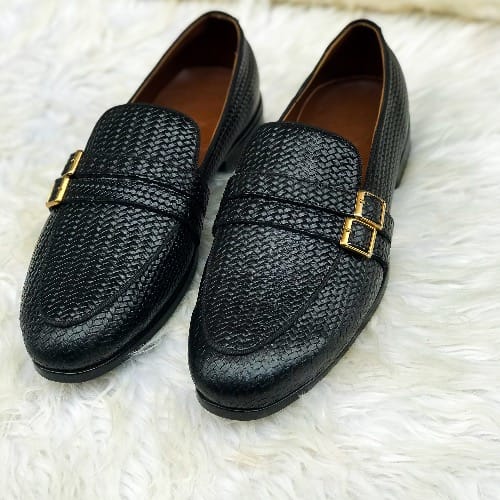 Men’s Double Buckle Basket Leather Loafers  – Black