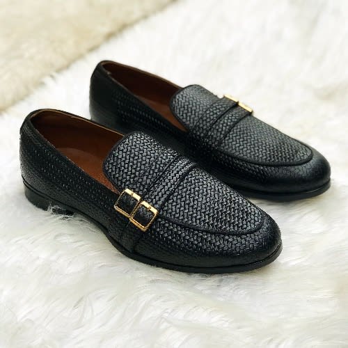 Men’s Double Buckle Basket Leather Loafers  – Black