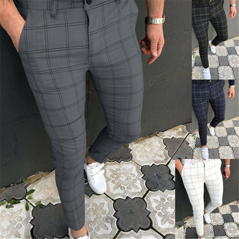 (Black)Men's Business Casual Striped Skinny Long Trousers Office Slim Fit Pants
