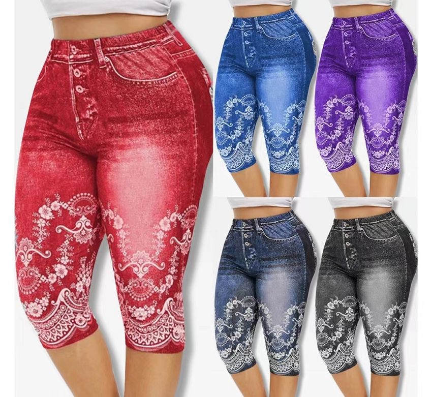 {MijaGrace} Women's Fashion Denim Print 3/4 Yoga Pants - Red