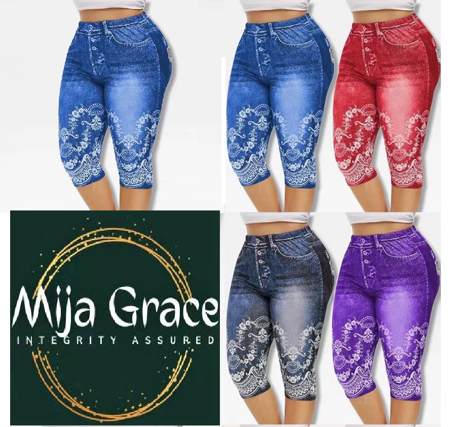 {MijaGrace} Women's Fashion Denim Print 3/4 Yoga Pants - Red