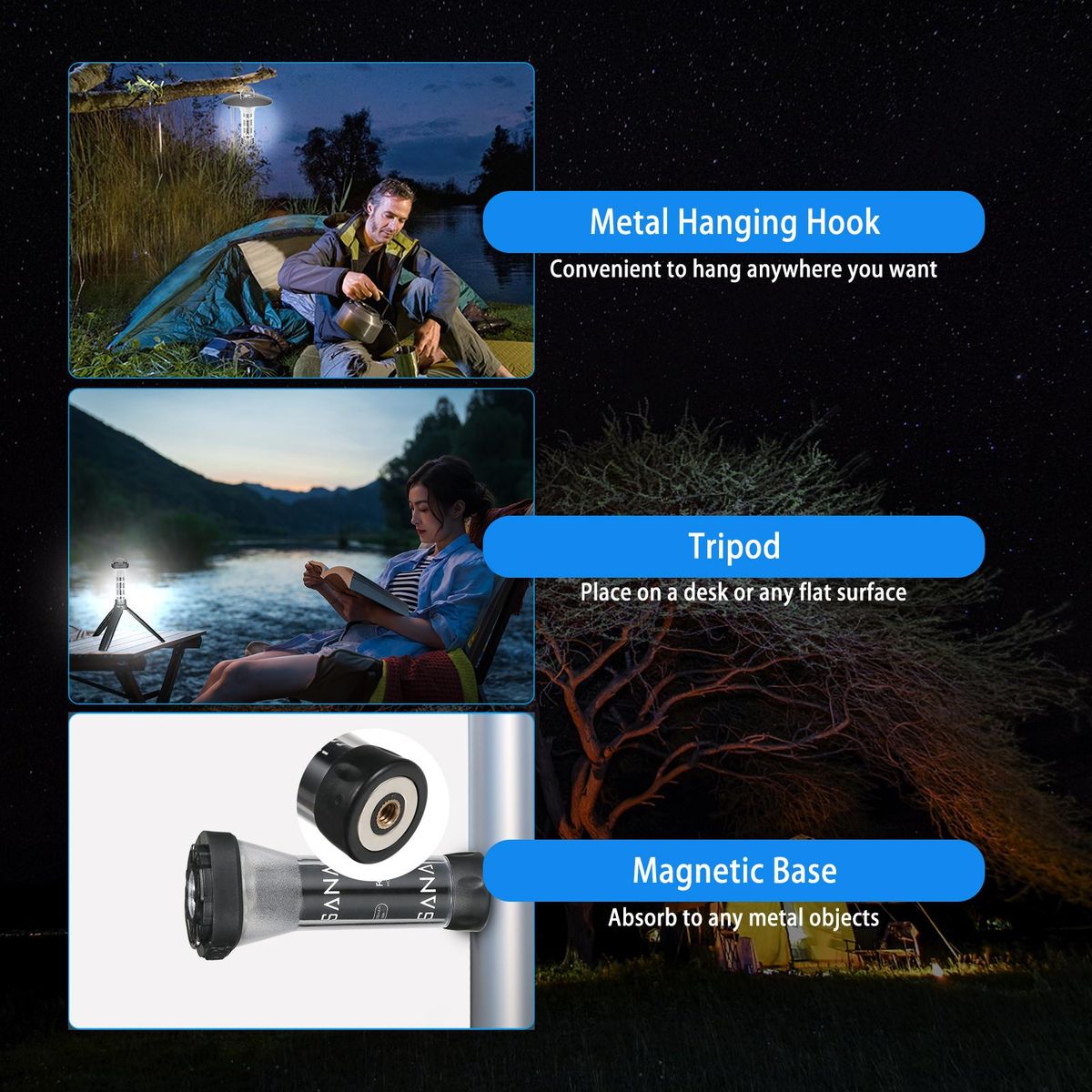 USB Rechargeable Flashlight Waterproof Camping Tent Light Magnetic Work Light with Tripod for Outdoor Camping Emergency