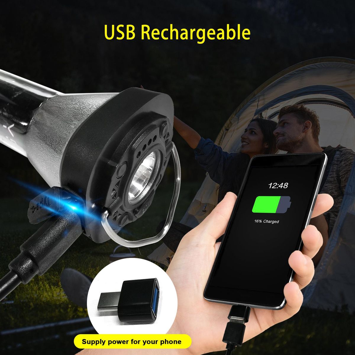 USB Rechargeable Flashlight Waterproof Camping Tent Light Magnetic Work Light with Tripod for Outdoor Camping Emergency