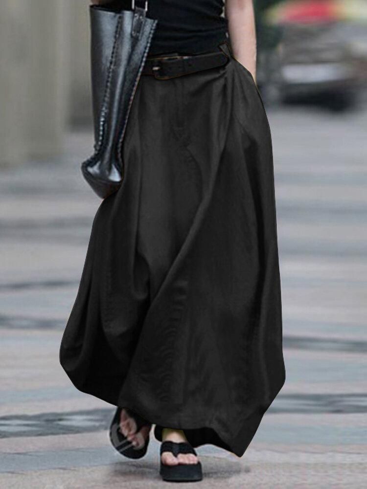 Women Cotton High Elastic Waist Side Pocket Zipper Solid Casual Skirts