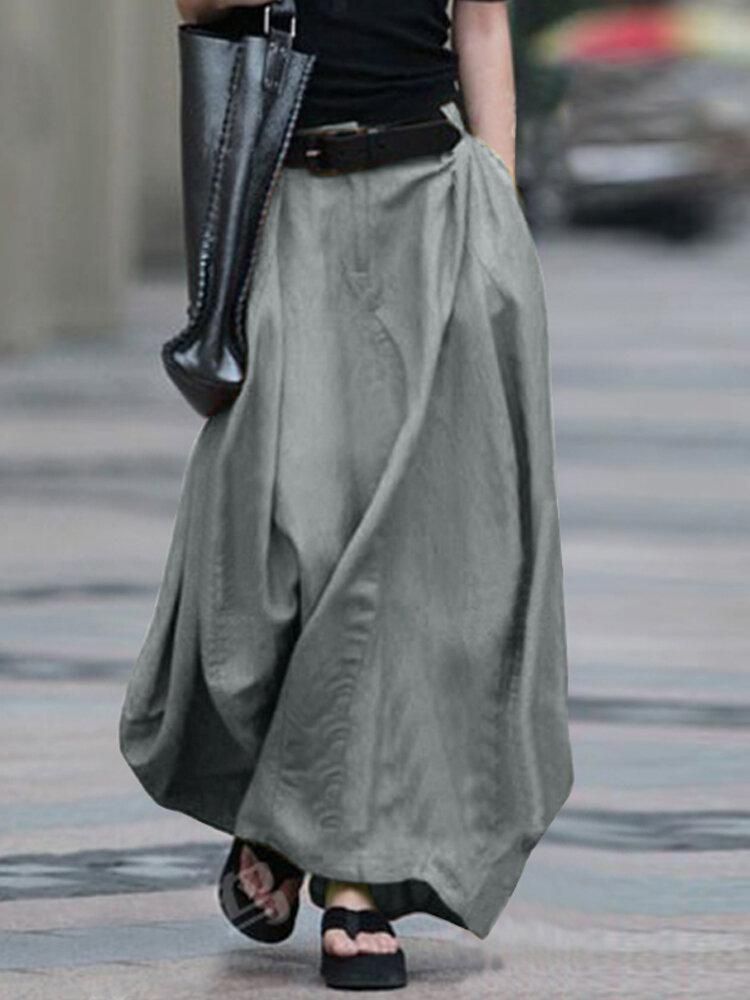 Women Cotton High Elastic Waist Side Pocket Zipper Solid Casual Skirts