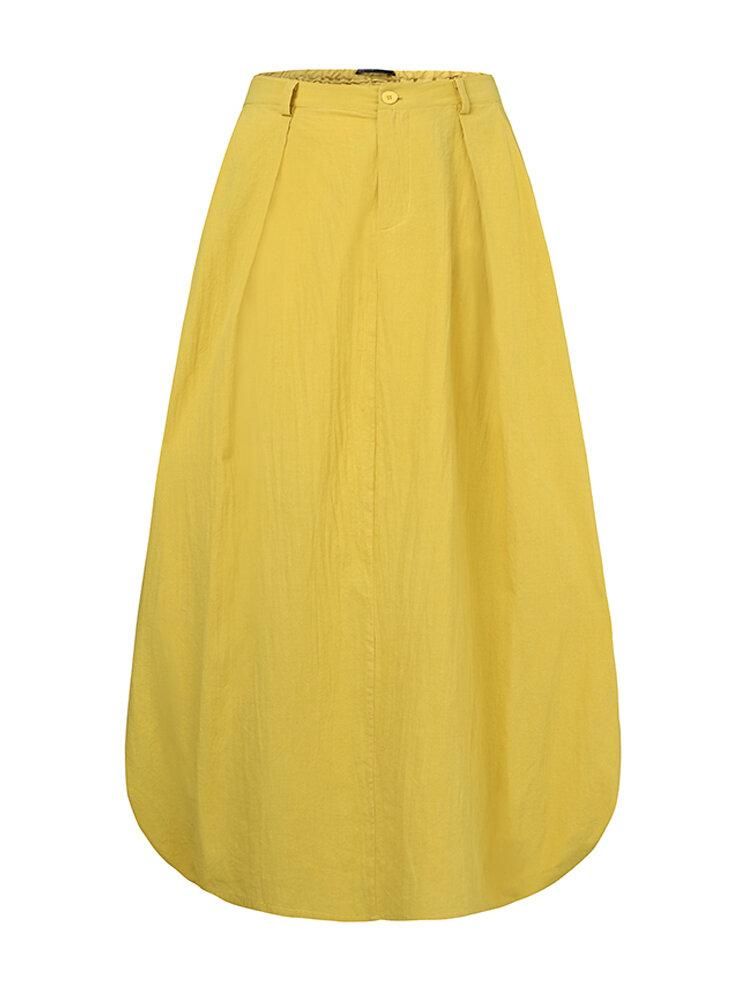 Women Cotton High Elastic Waist Side Pocket Zipper Solid Casual Skirts