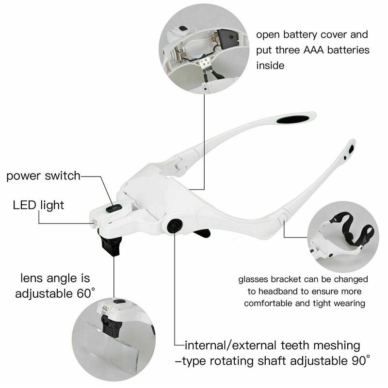 Headset Headband LED Head Light Magnifying Glass Loupe Adjustable With 1X, 1.5X, 2X, 2.5X, 3.5X Lens Magnifier Lamp Eyeglasses Eyewear Jewelry Repair Tools