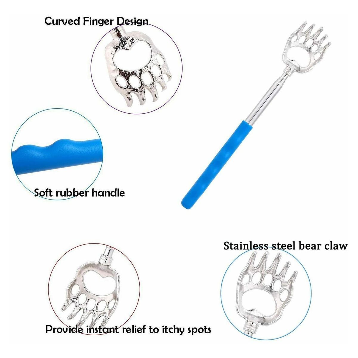 6Pcs Portable Telescopic Back Scratcher Stainless Steel Bear Claw Rubber Handle Relieve Body Itching