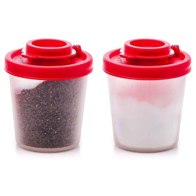 2 Medium Salt and Pepper Shakers with Red Covers Lids Jar