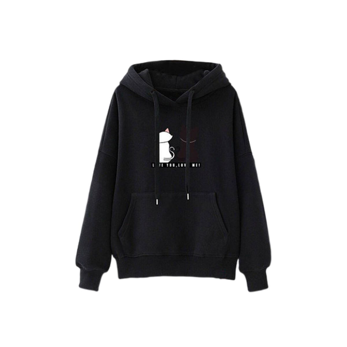 Soft Women Long Sleeve Hoodie Cat Printed Hooded Tops Black XXL