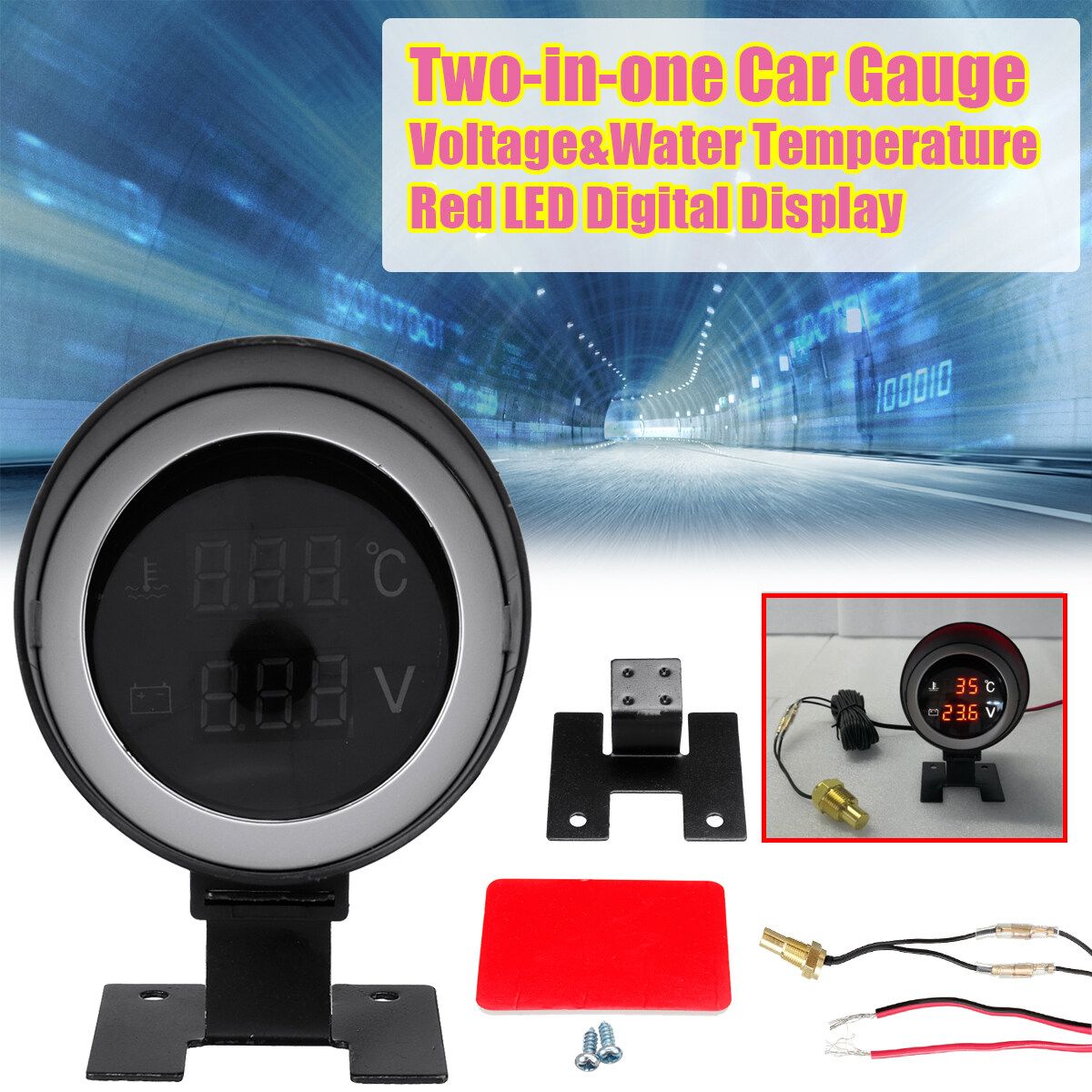 12V/24V Universal Two-in-one Car Water Temp Temperature Meter & Voltmeter Red LED Digital Display