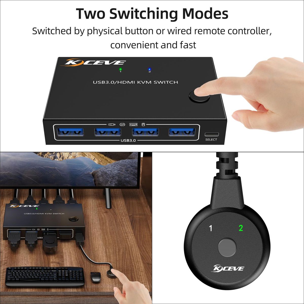 KCEVE KC-KVM201A USB3.0/HD 2 in 1 out KVM Switcher Support up to 3840*2160@60Hz Resolution One-button Switching Wide Compatibility