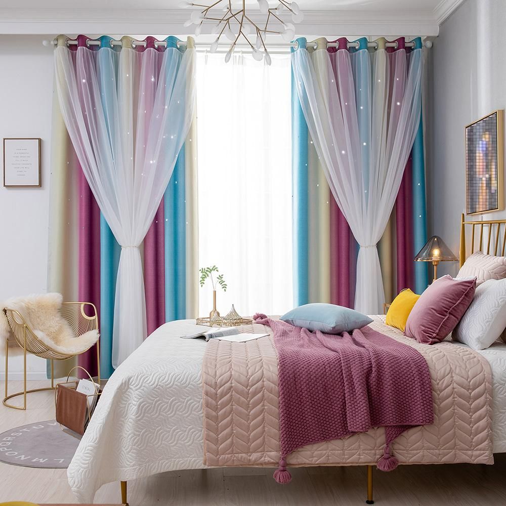 2PCS Star Curtains Blackout High Precision Curtains for Kids Girls Bedroom Living Room Colorful Double Layer Star Window Curtains