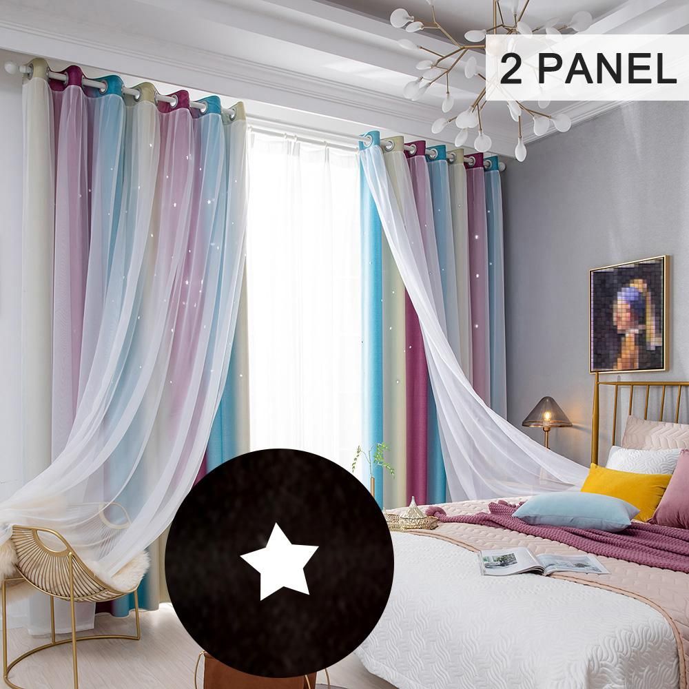 2PCS Star Curtains Blackout High Precision Curtains for Kids Girls Bedroom Living Room Colorful Double Layer Star Window Curtains
