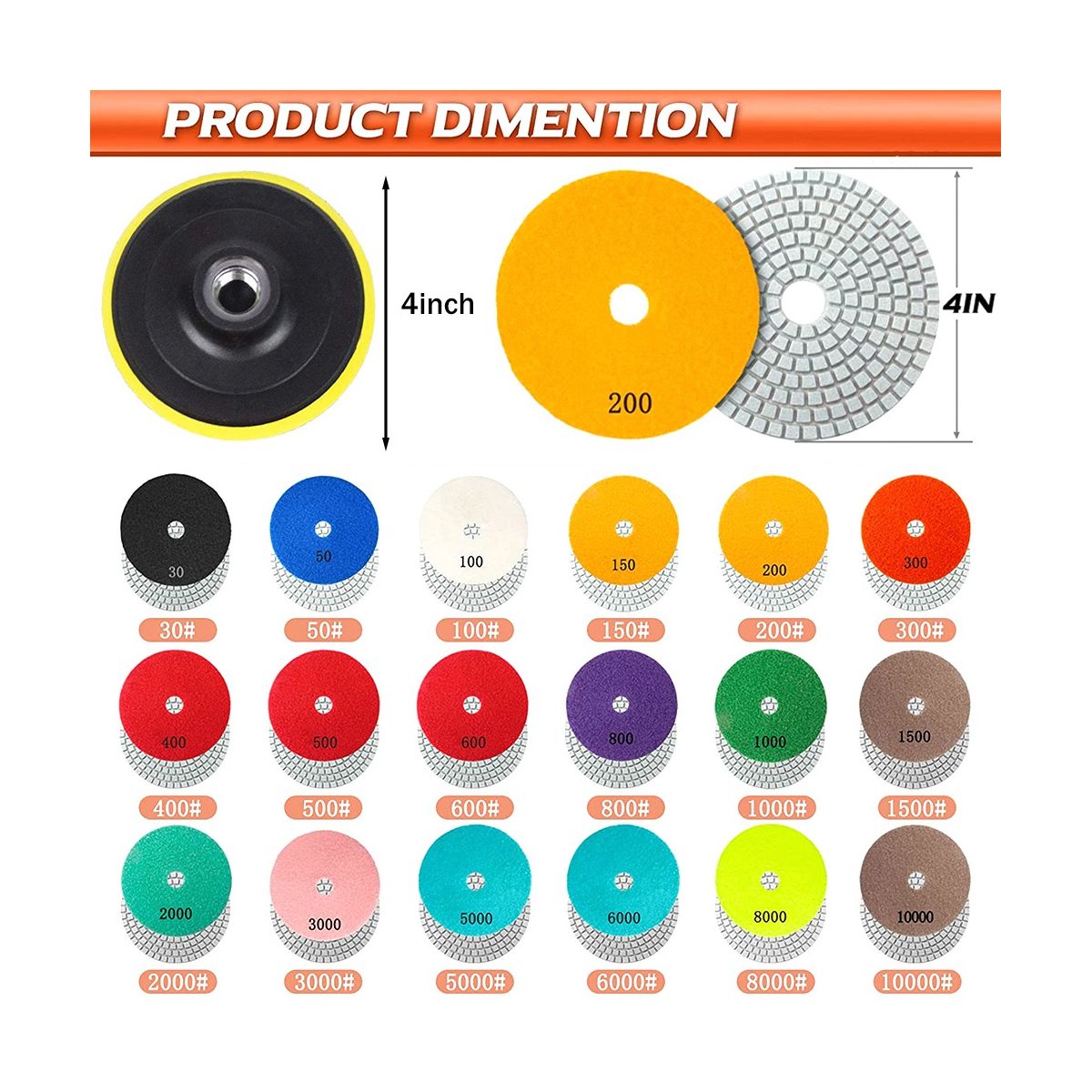 4 Inch Diamond Polishing Pads with M10 Backer Pad, 18PCS