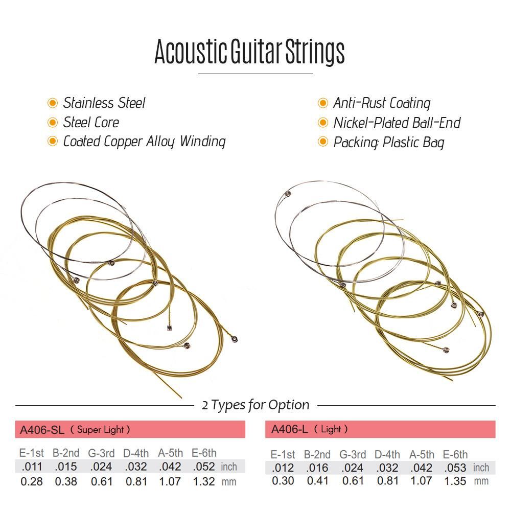 Alice A406 Series Acoustic Folk Guitar Strings Set Stainless Steel Wire Steel Core Coated Copper Alloy Wound, 6pcs/ Set, Super Light(.011-.052)
