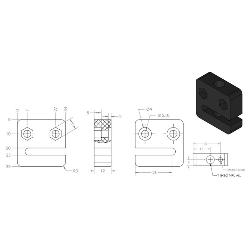 Anti-Backlash Nut Block For 8mm Metric Acme  Screw